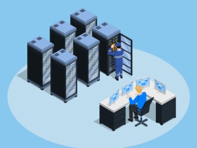 Datacenter composition with isometric server farm rack images network enclosure equipment control board and human characters vector illustration