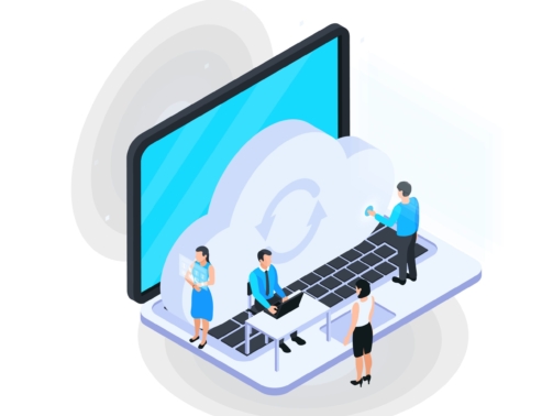 Cloud services isometric composition with image of laptop with small human characters and cloud icon vector illustration