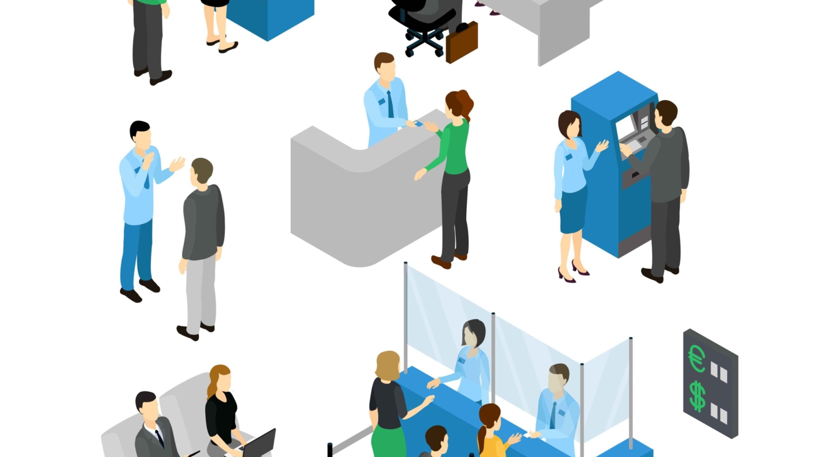 People in bank isometric set with employees and clients atm machine and currency exchange isolated vector illustration