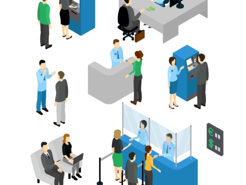 People in bank isometric set with employees and clients atm machine and currency exchange isolated vector illustration