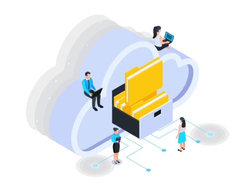 Cloud services isometric composition with icons of folders in cloud box with sitting people vector illustration